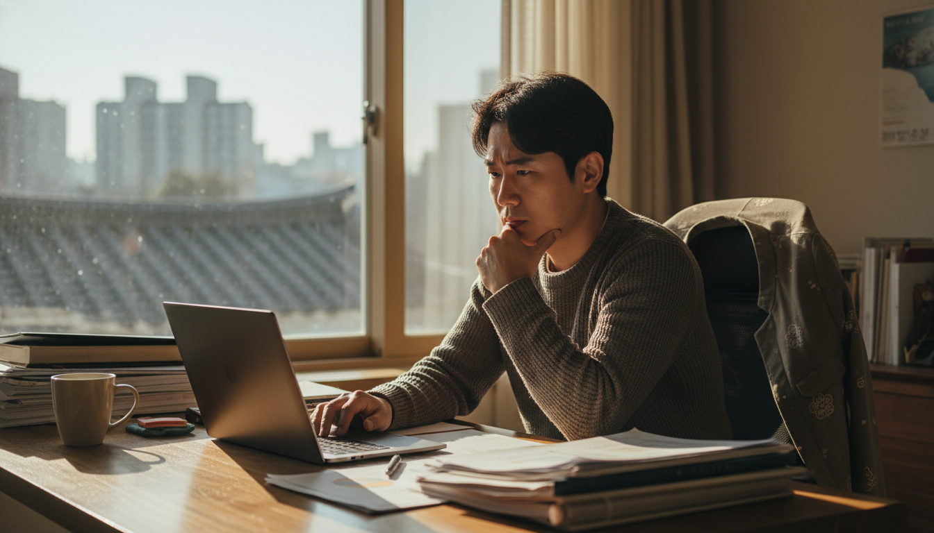 따뜻한 햇살이 드는 한국의 작은 사무실에서 노트북을 들여다보며 깊은 고민에 잠긴 30대 한국인 소상공인 남성, 책상 위에는 서류와 커피잔이 놓여있음, 사실적인 묘사, 고화질