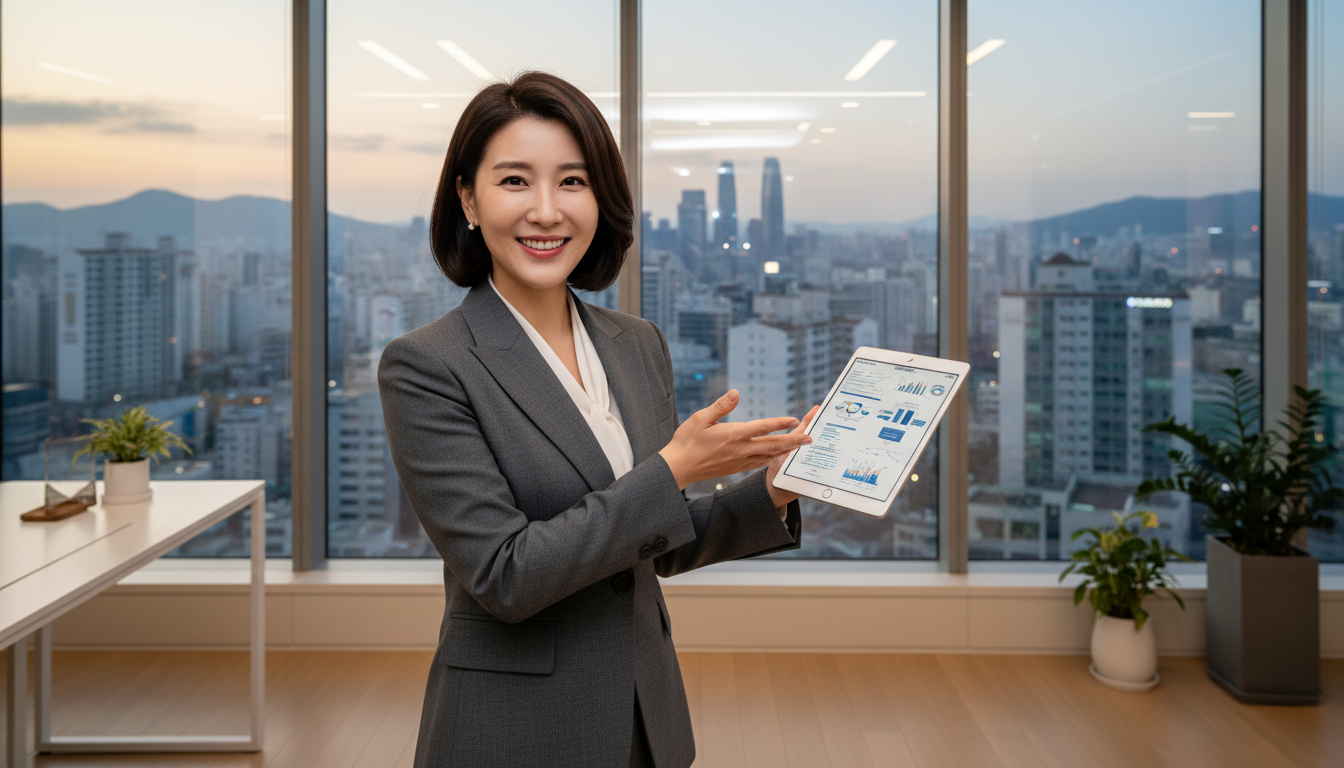 현대적인 한국 오피스텔 내부에서 깔끔한 정장 차림의 40대 한국인 여성 사업가가 활짝 웃으며 태블릿으로 사업 계획을 설명하고 있음, 뒤편으로는 서울 시내 전경이 보이는 통유리창, 전문적인 분위기