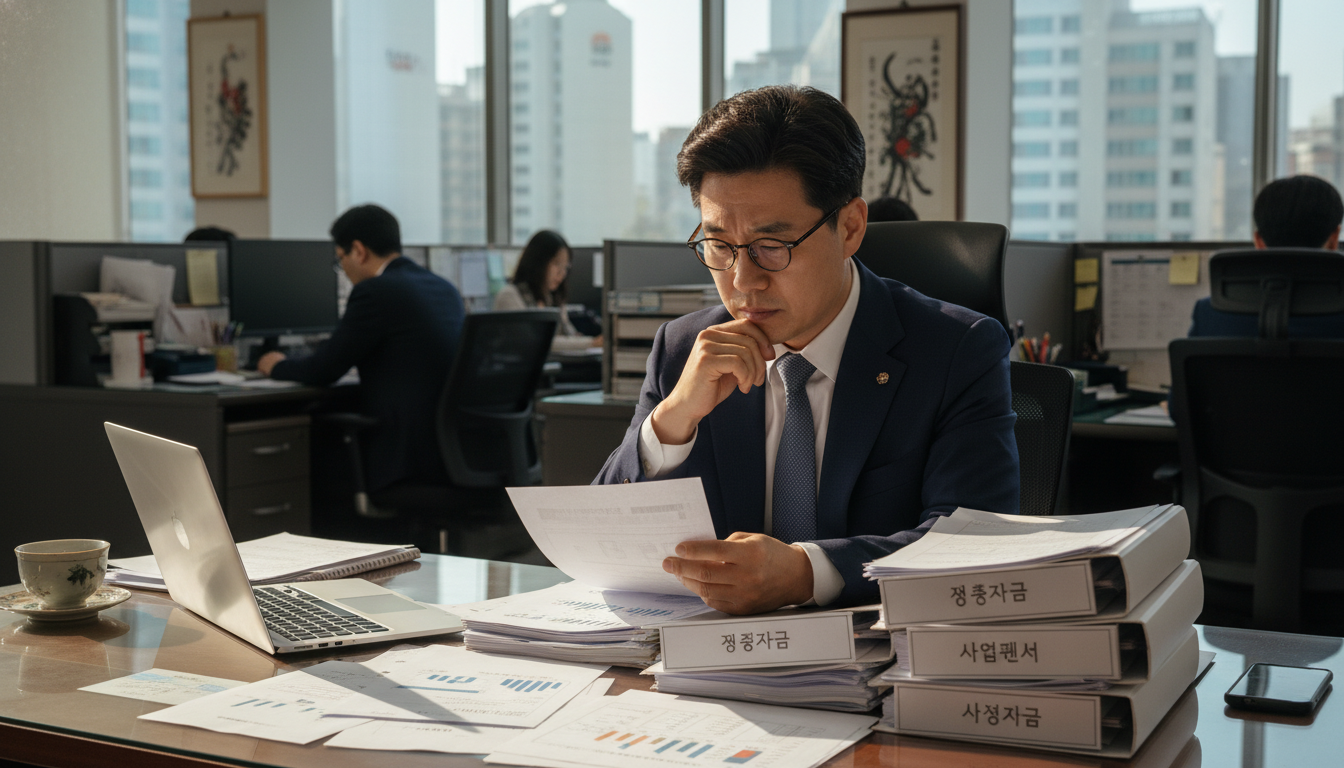 한글로 된 복잡한 서류와 노트북이 놓인 한국의 일반적인 사무실 책상 위에서, 40대 한국인 남성 사업가가 안경을 쓰고 정책자금 관련 서류를 진지하게 검토하고 있다.