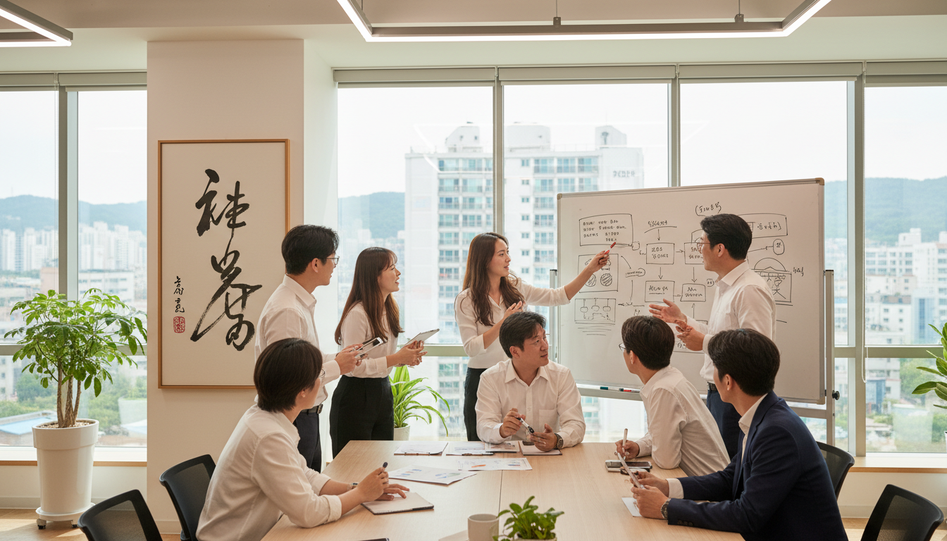 밝고 모던한 한국 스타트업 오피스에서 다양한 연령대의 한국인 팀원들이 화이트보드 앞에서 열정적으로 아이디어를 토론하고 있다, 벽에는 한글로 된 슬로건이 보인다, 활기찬 분위기