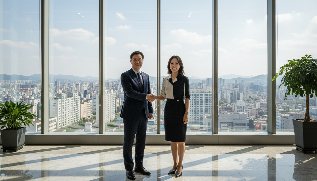 서울 도심의 현대적인 고층 빌딩 로비에서 40대 한국인 남성 공무원과 30대 한국인 여성 스타트업 대표가 미소 지으며 악수하고 있다, 배경에는 큰 창문 너머로 도시 풍경이 보인다, 성공적인 파트너십을 상징하는 장면