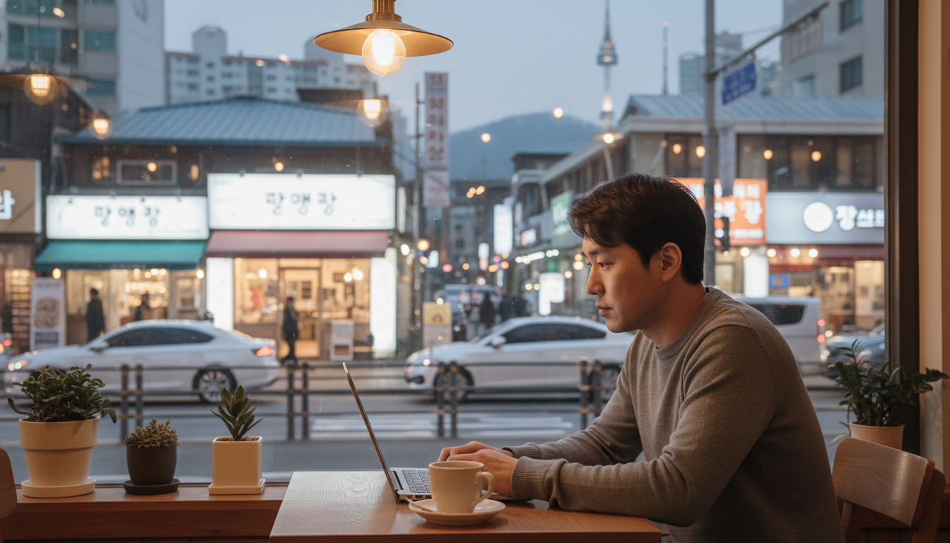 따뜻한 조명의 한국 카페 창가 자리에 앉아 노트북으로 작업하는 30대 한국 남성, 창밖에는 한글 간판이 보이는 번화한 서울 거리 풍경, 고화질, 감성 사진