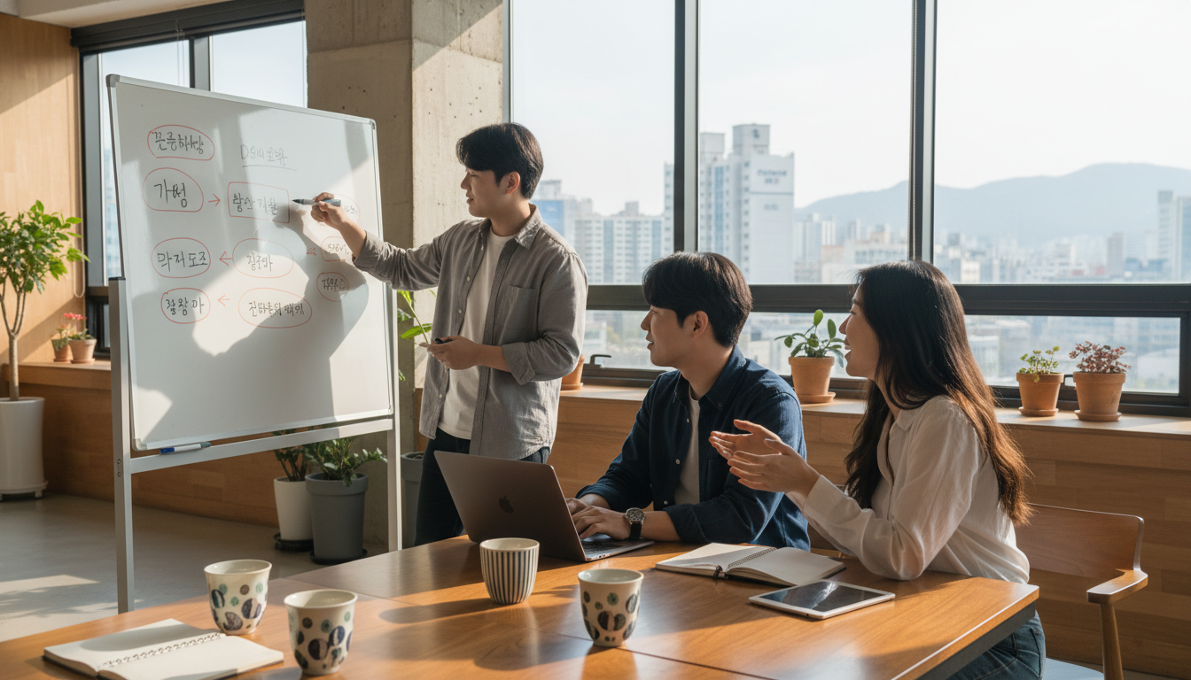 활기찬 분위기의 한국 코워킹 스페이스에서 아이디어 회의를 하는 20대 한국인 스타트업 팀원 3명, 화이트보드에 한글로 사업 계획이 적혀있고, 테이블 위에는 한국적인 디자인의 컵이 놓여있다.