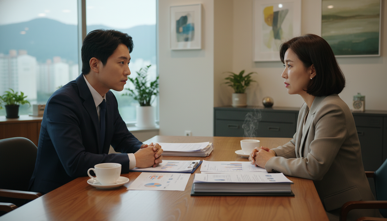 편안한 분위기의 한국 사무실에서 30대 한국인 사업가가 정책자금 상담 전문가와 마주 앉아 진지하게 대화하고 있다. 테이블 위에는 한글 서류들과 커피잔이 놓여있다.