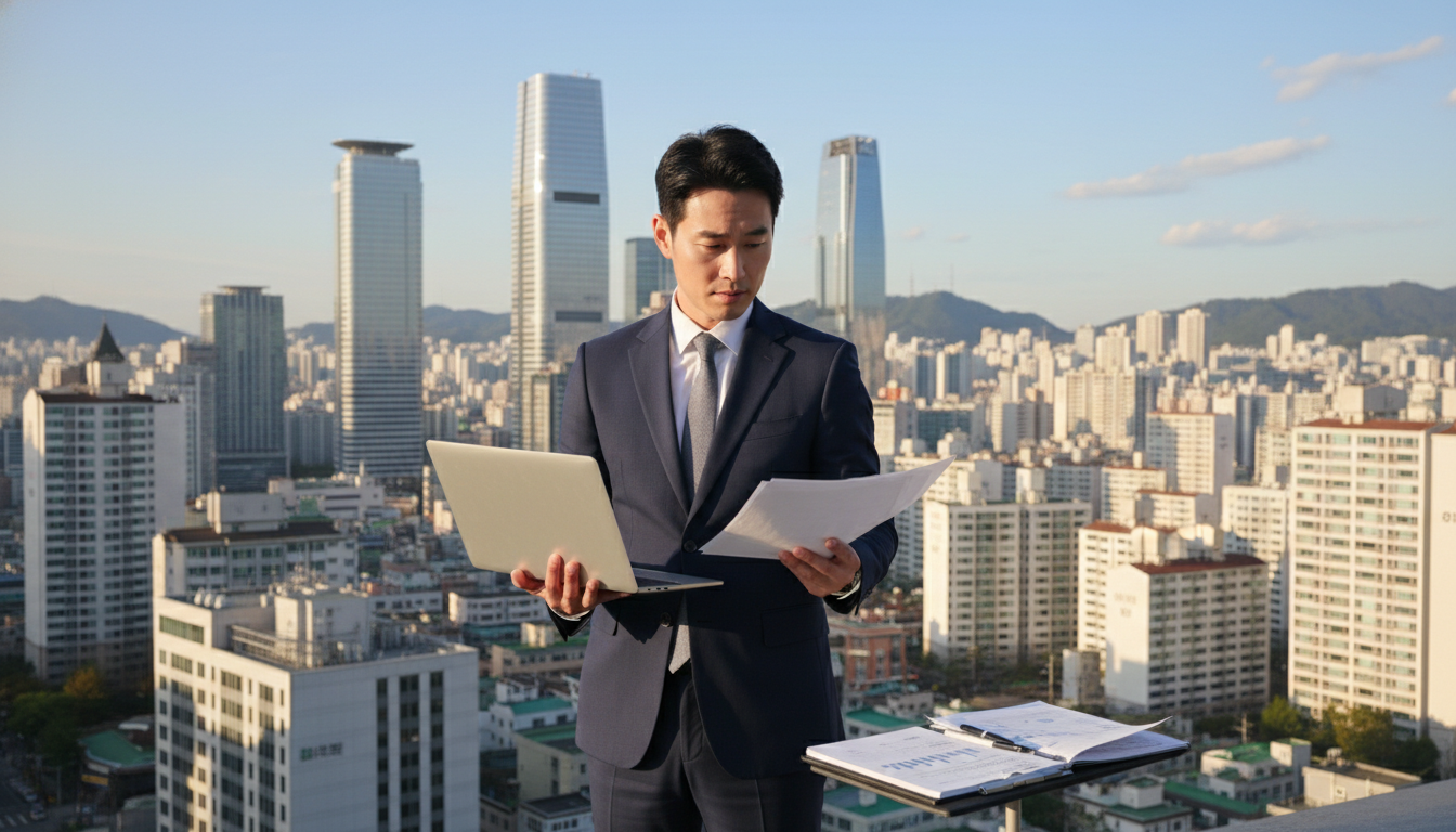 활기찬 서울 도심 빌딩 숲을 배경으로, 노트북을 펼쳐놓고 서류를 검토하는 30대 한국인 남성 사업가, 결연한 표정, 햇살 가득한 오후, 고화질