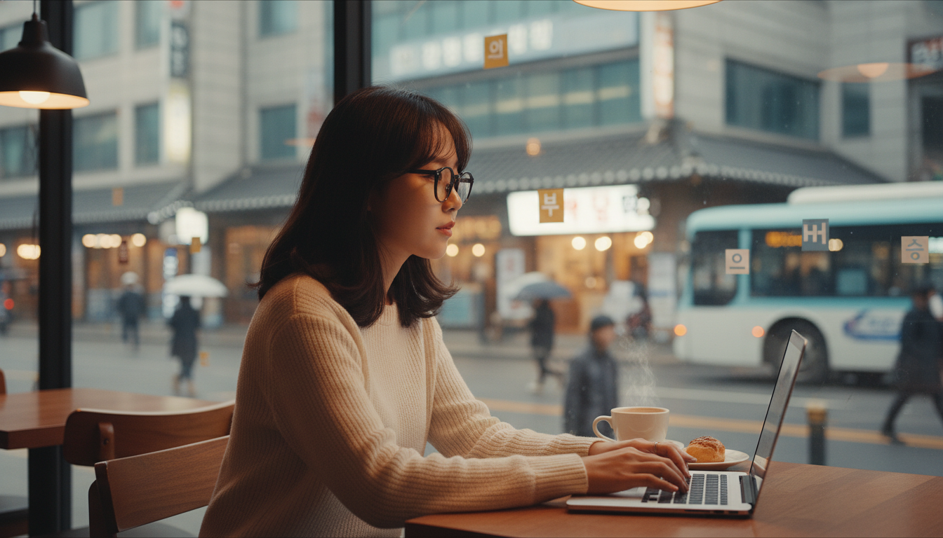 따뜻한 조명의 한국 카페 창가 자리에 앉아 노트북으로 작업하는 20대 한국 여성, 창밖에는 한글 간판이 보이는 거리 풍경, 고화질, 감성 사진