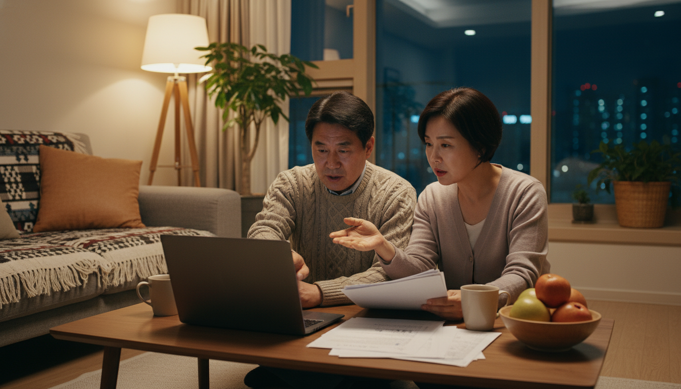 따뜻한 감성이 돋보이는 한국 가정집 거실에서, 중년 한국인 부부가 테이블에 앉아 노트북으로 정부 지원금 관련 서류를 살펴보며 대화하는 모습, 편안하고 진지한 분위기