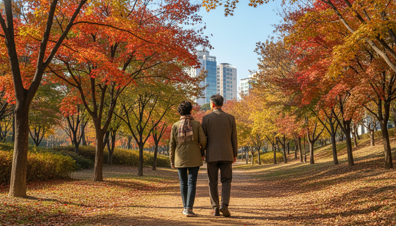 서울 근교의 아름다운 공원에서 팔짱을 끼고 다정하게 산책하는 70대 한국인 노부부의 뒷모습, 밝고 건강한 모습, 주변에는 가을 단풍이 물든 나무들