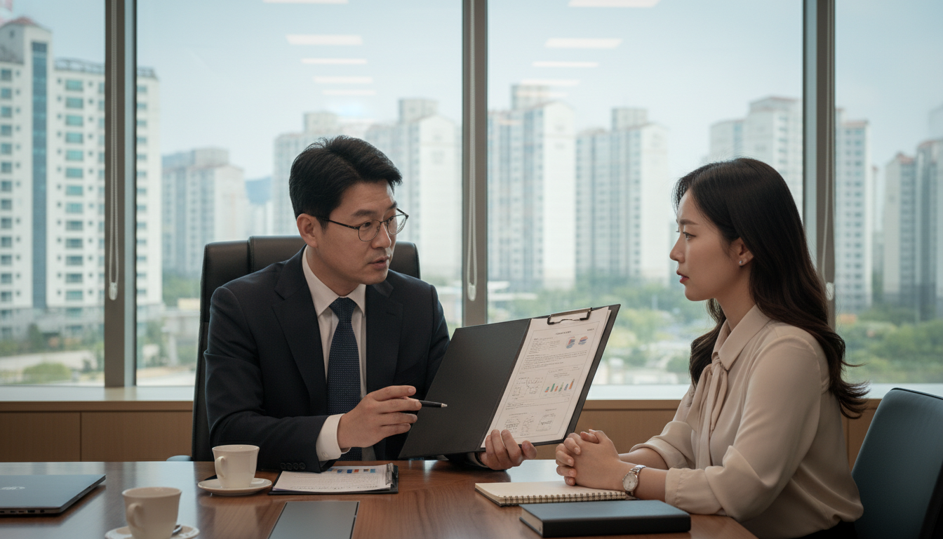 깔끔하게 정돈된 한국 사무실에서 40대 한국인 남성 컨설턴트가 사업 계획서 파일을 들고 30대 여성 대표에게 진지하게 설명하고 있다. 창밖으로 아파트 단지가 보인다.