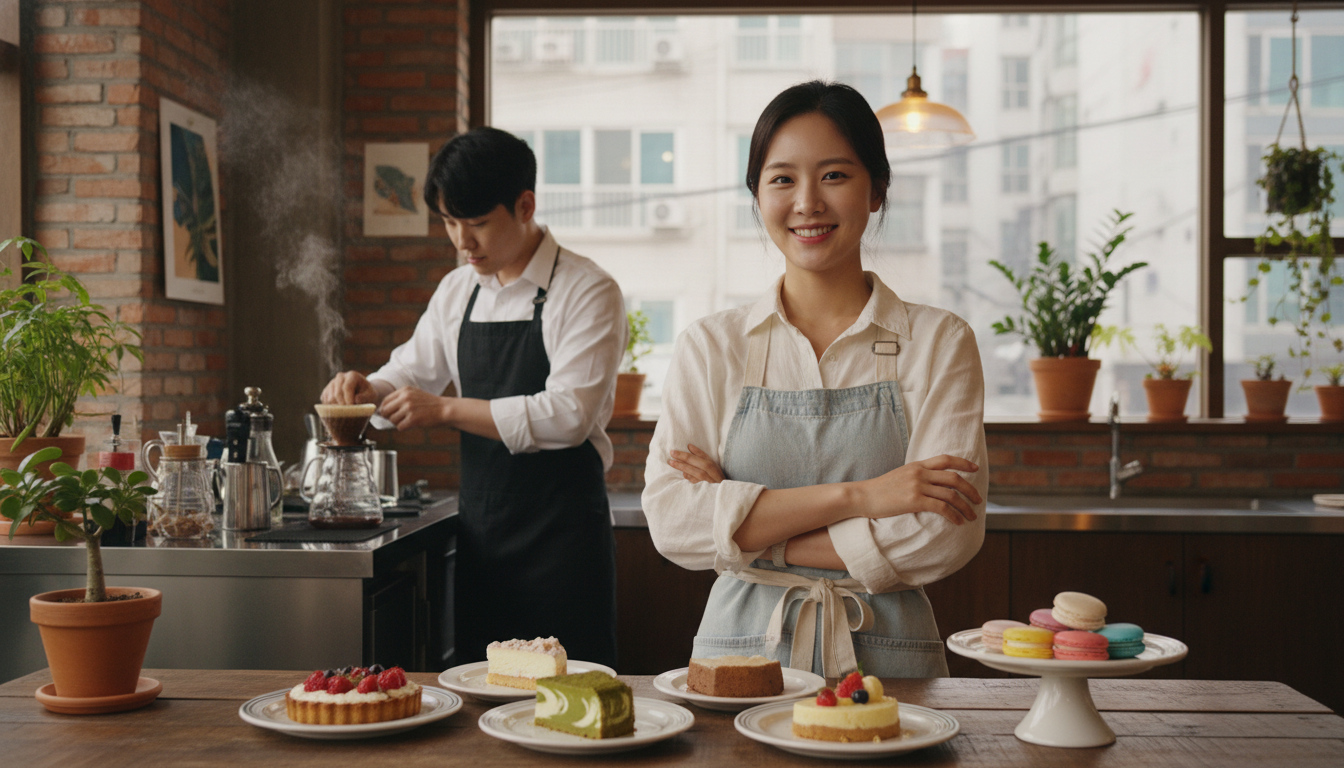 서울 홍대 거리의 세련된 카페 내부에서 만족스러운 미소를 짓고 있는 20대 한국인 여성 점주, 테이블 위에는 직접 만든 디저트들이 놓여 있고 뒤편으로는 바리스타가 커피를 내리고 있다.
