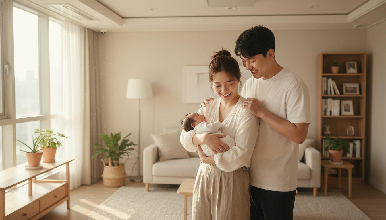 행복하게 갓 태어난 아기를 안고 환하게 웃고 있는 30대 초반 한국인 부부, 따뜻한 한국 아파트 거실 배경, 부드러운 햇살이 비치는 고화질 감성 사진
