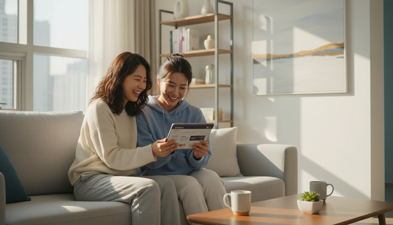 따뜻한 햇살이 드는 거실에서 편안한 차림의 20대 한국 여성 두 명이 소파에 앉아 태블릿으로 정부 정책 관련 뉴스를 함께 살펴보며 밝게 웃고 있는 모습, 배경에는 깔끔한 한국 아파