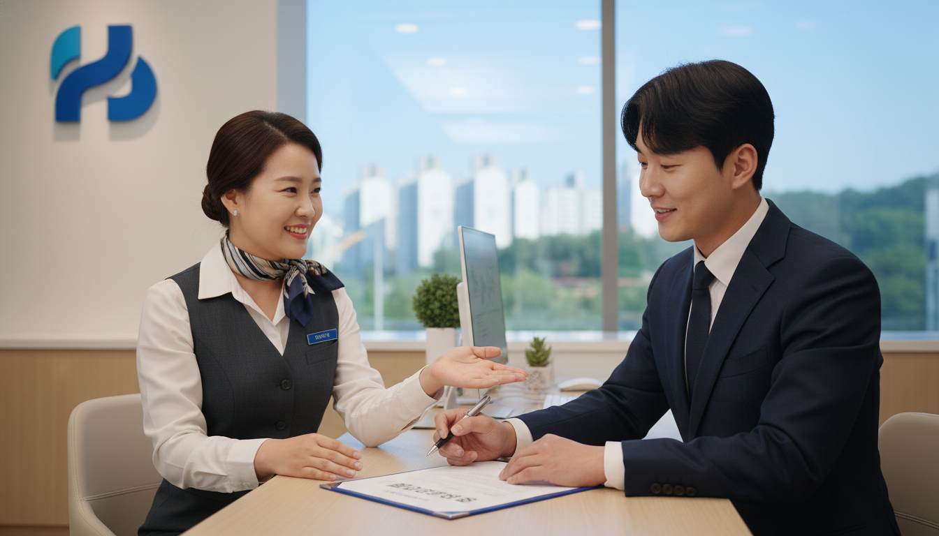 단정한 정장 차림의 20대 한국인 남성이 은행 창구에서 친절한 은행원과 상담하며 청년 정책 관련 서류에 서명하고 있는 모습, 밝고 전문적인 분위기, 배경에는 은행 로고가 보인다
