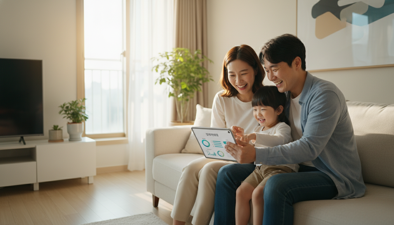 따뜻한 햇살이 드는 거실에서 온 가족(30대 한국인 부부와 5세 한국인 아이)이 태블릿을 보며 행복하게 웃는 모습, 화면에는 '정부지원금' 관련 정보가 표시되어 있음, 한국 아파트