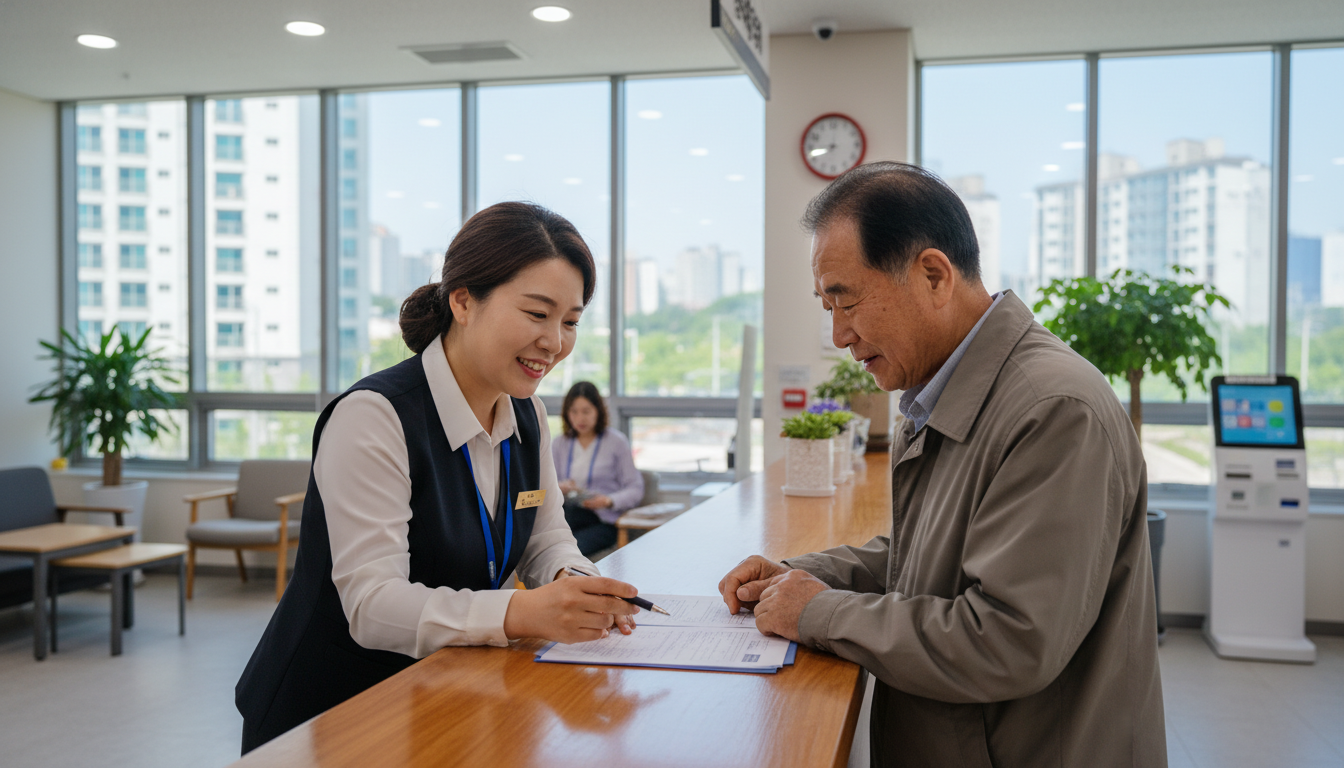친절한 미소의 40대 한국인 주민센터 직원과 60대 한국인 어르신이 주민센터 창구에서 서류를 보며 상담하는 모습, 깔끔하고 밝은 주민센터 내부 풍경, 고화질