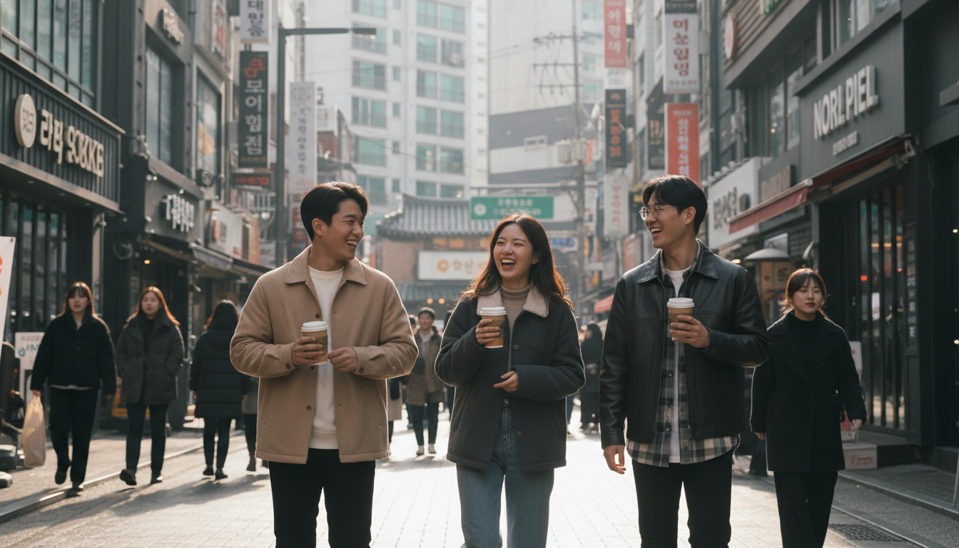 서울 홍대 거리에서 친구들과 웃으며 걷는 20대 한국 청년 셋, 한 손에는 테이크아웃 커피를 들고 밝은 표정으로 대화하는 모습, 역동적이고 활기찬 분위기