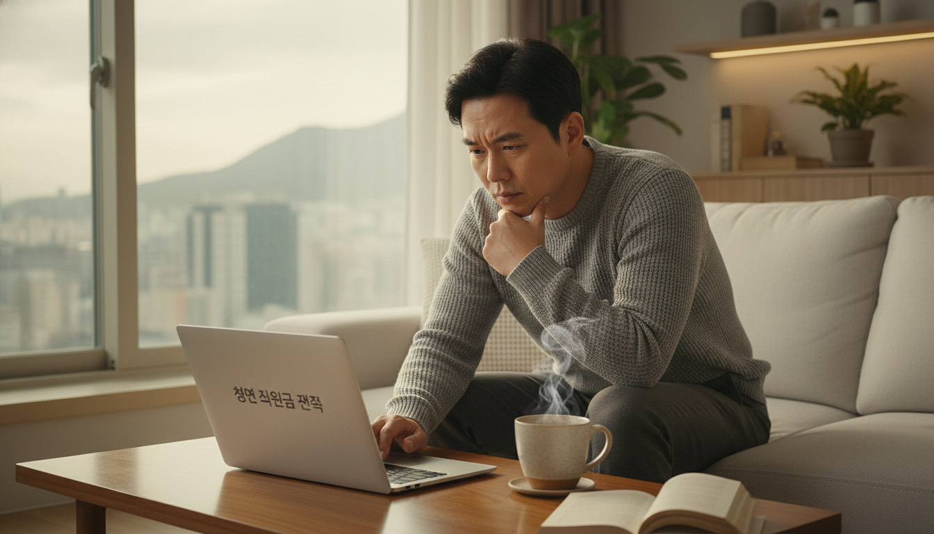 깔끔하게 정돈된 한국 아파트 거실에서 노트북으로 청년 지원금 정책을 검색하는 30대 한국 남성, 옆에는 따뜻한 차가 놓여 있고 집중하는 모습