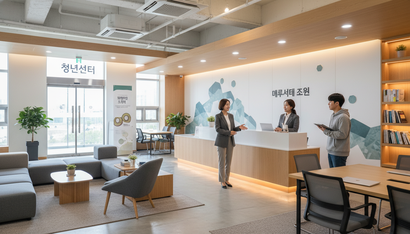 세련된 인테리어의 한국 공공기관 청년센터에서 친절한 한국인 직원이 20대 한국 여성에게 태블릿으로 청년 지원금 신청 방법을 설명하는 모습