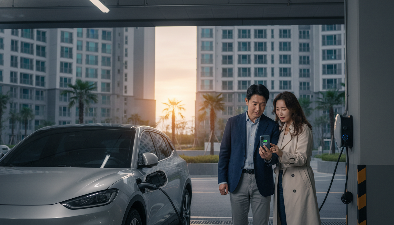 세련된 한국형 아파트 단지 주차장에서 전기차 충전 중인 최신 전기차 옆에 서서 스마트폰으로 충전 상황을 확인하는 40대 한국 부부. 배경으로 현대적인 한국 아파트 건물이 보인다.