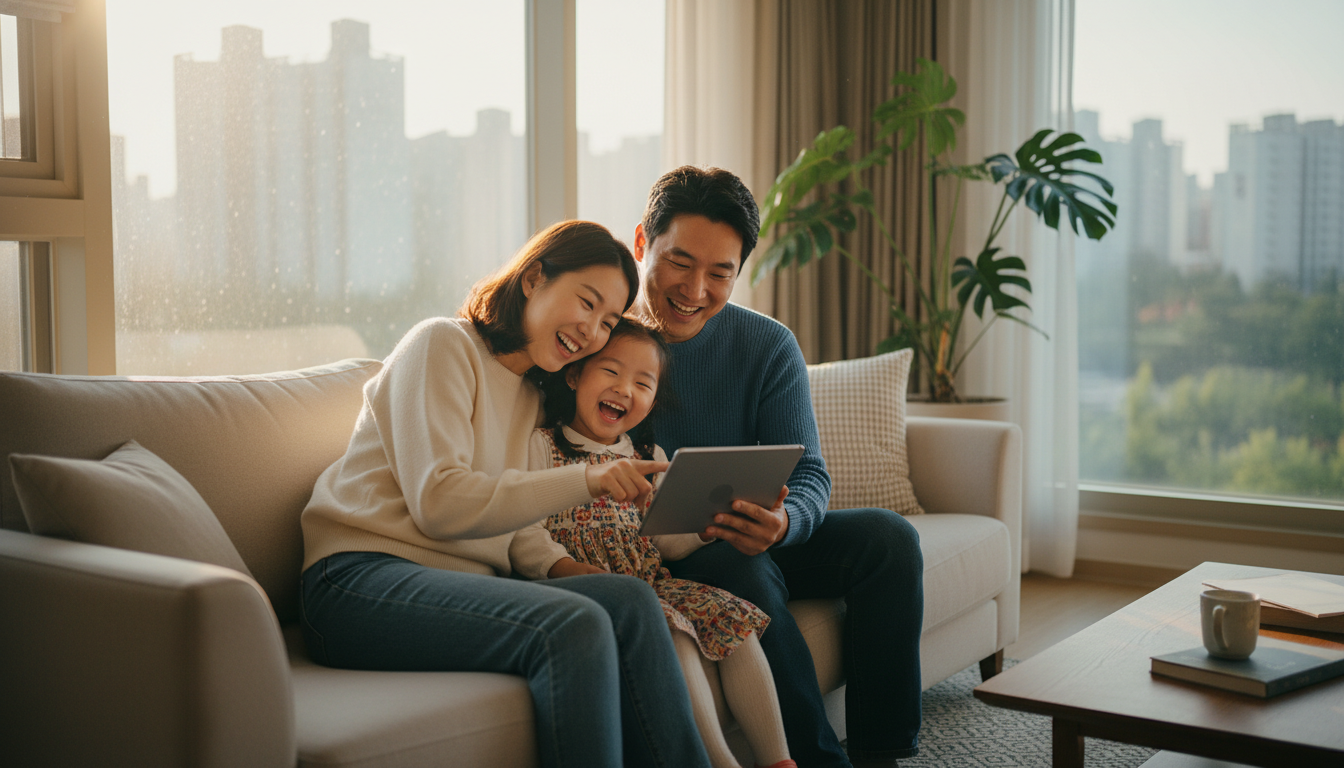 따뜻한 채광이 들어오는 한국 아파트 거실에서 편안하게 앉아 태블릿 화면을 보며 환하게 웃고 있는 한국인 부부와 어린 자녀, 행복한 가족의 모습, 고화질