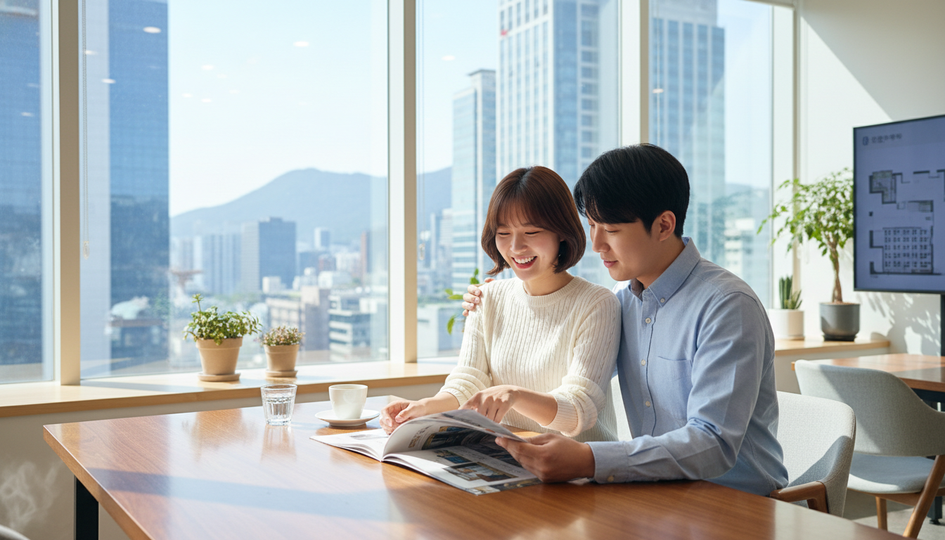서울 도심의 깨끗한 부동산 중개소에서 젊은 한국인 커플이 아파트 매물 브로슈어를 함께 살펴보며 미래의 주거 계획에 대해 즐겁게 이야기하는 모습, 희망찬 분위기, 자연광