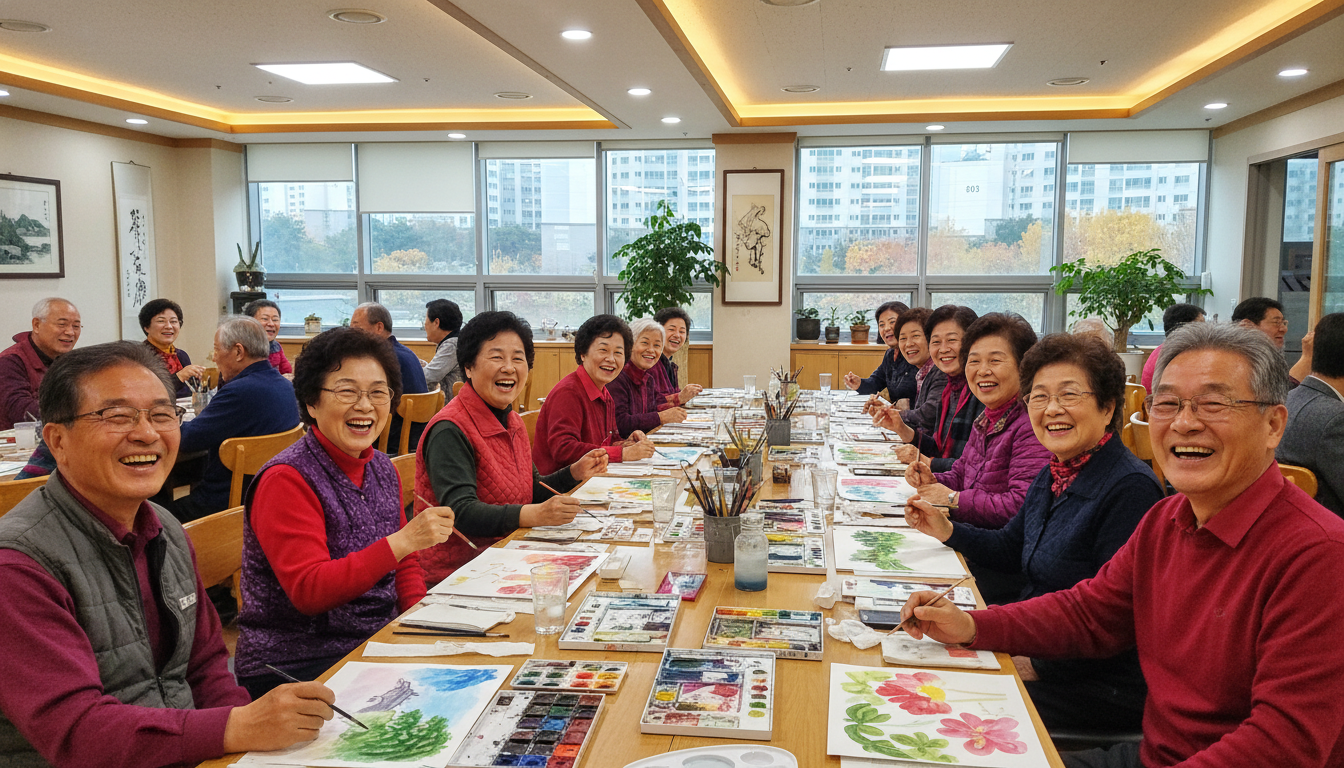 한국의 한 주민센터 문화강좌실에서 한국인 어르신들이 모여 앉아 웃으며 수채화를 그리고 있는 모습, 따뜻한 조명 아래 즐겁고 화기애애한 분위기, 다양한 연령대의 어르신들