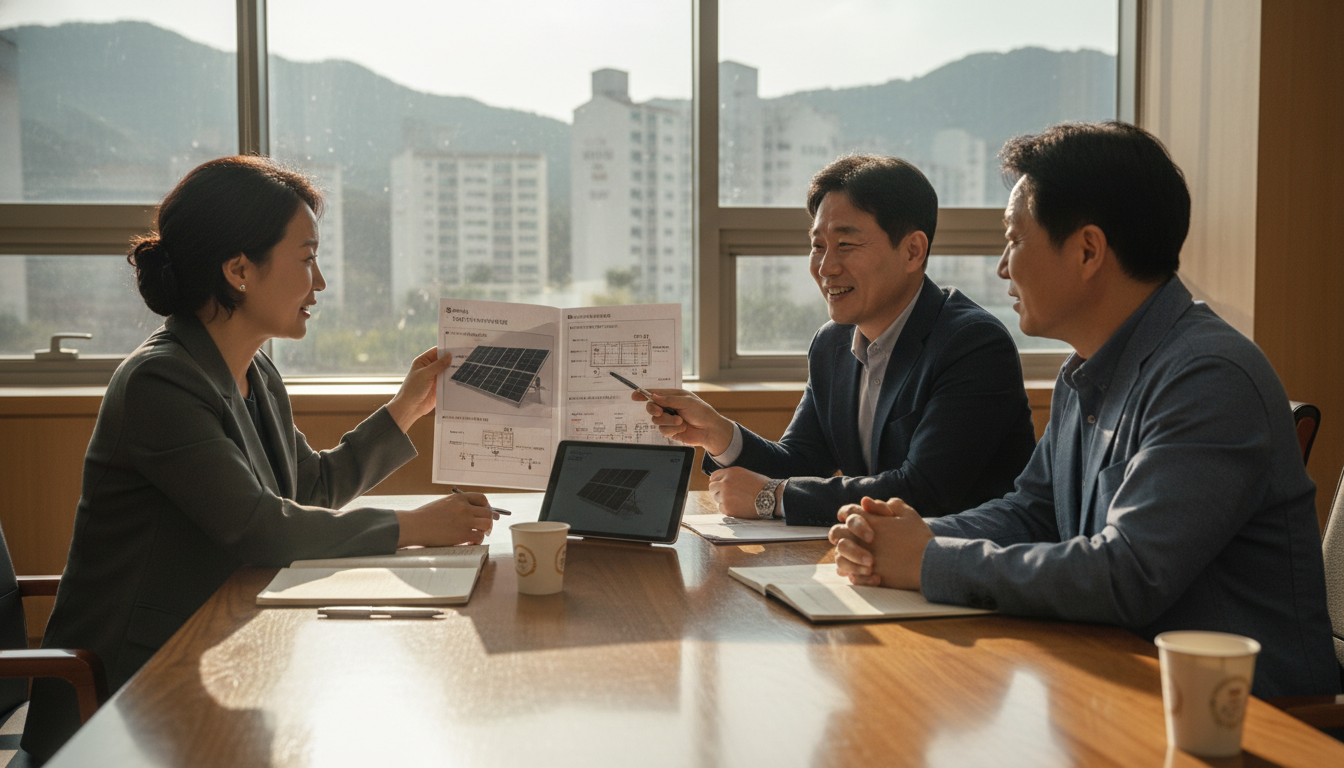 한국의 한 주민센터 회의실에서 40대 한국인 남녀 공무원이 50대 한국인 부부에게 태양광 발전 사업 설명서를 보여주며 친절하게 설명하는 모습, 따뜻하고 신뢰감 있는 분위기