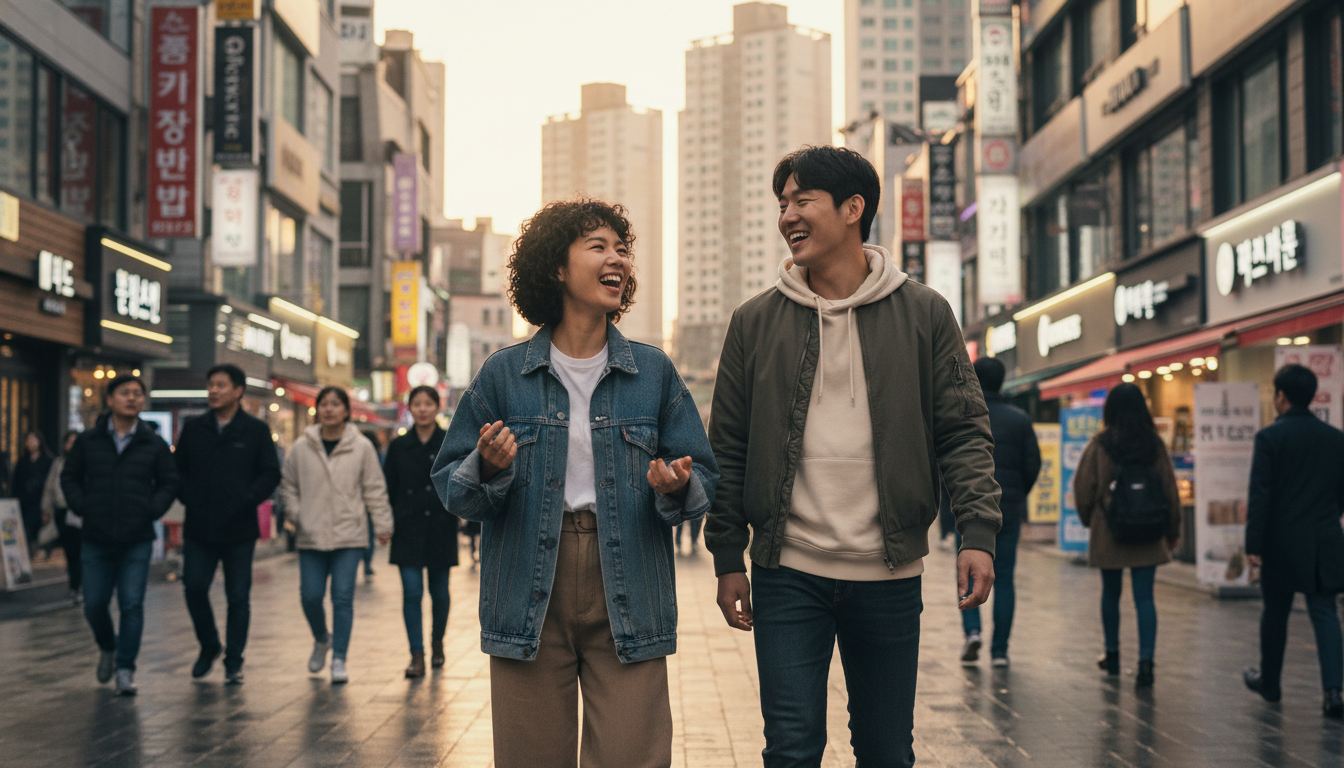서울 시내 활기찬 거리에서 친구와 즐겁게 이야기하며 걸어가는 20대 한국 남녀 커플, 배경에는 한글 간판이 즐비한 상점가와 높은 건물들이 보이고, 밝은 미소, 다이내믹한 구도