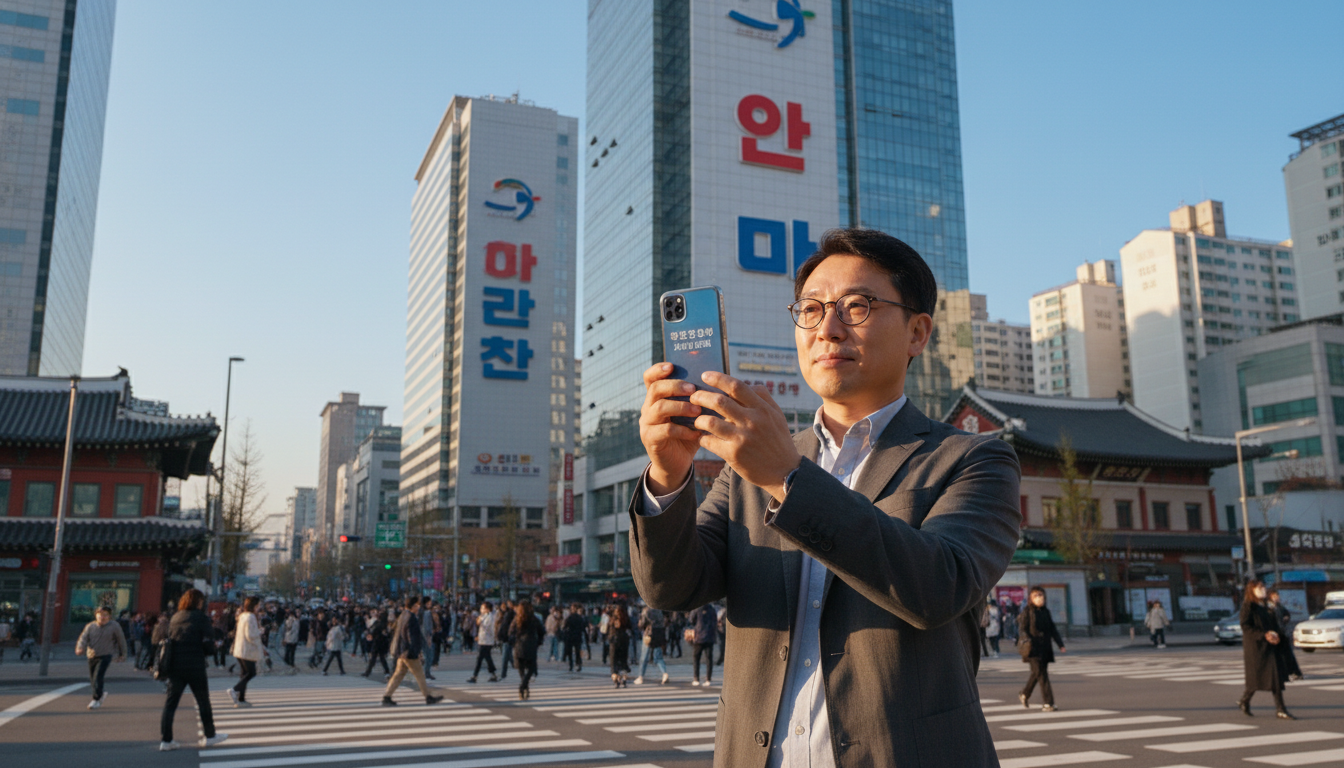 활기찬 서울 도심을 배경으로 스마트폰으로 정부지원금 정보를 검색하는 30대 한국 남성, 얼굴에는 기대감이 가득하며 배경에는 현대적인 한글 간판이 보인다.
