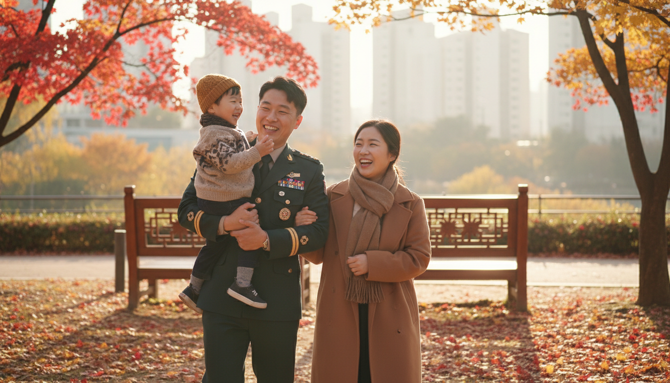 단풍이 든 가을 공원에서 밝게 웃으며 산책하는 한국인 군인 가족 (아버지, 어머니, 아이), 아버지는 깔끔한 군복을 입고 아이를 안고 있다. 뒤로는 한국 전통 문양이 들어간 벤치가 보인다.