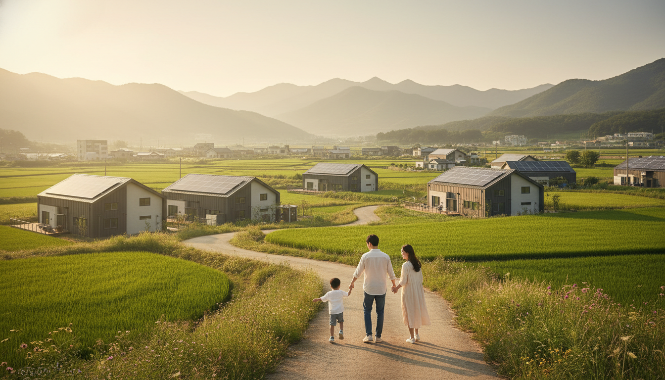 따뜻한 햇살 아래, 태양광 패널이 설치된 지붕을 가진 모던한 한국 주택들이 보이는 평화로운 한국 농촌 마을 전경. 아이와 함께 즐겁게 산책하는 젊은 한국인 부부의 뒷모습이 보인다.