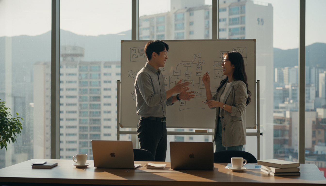 밝은 햇살이 드는 한국의 스타트업 사무실에서, 젊은 한국인 남녀 창업가들이 화이트보드를 보며 아이디어를 열정적으로 공유하고 있다. 테이블 위에는 노트북과 커피잔이 놓여 있다.