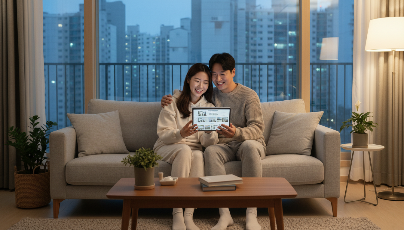 따뜻한 조명의 한국 아파트 거실에서 30대 한국인 부부가 편안하게 소파에 앉아 태블릿으로 주택 관련 정보를 함께 검색하며 미소 짓고 있다. 거실 창밖으로는 다른 아파트 단지가 보인다.