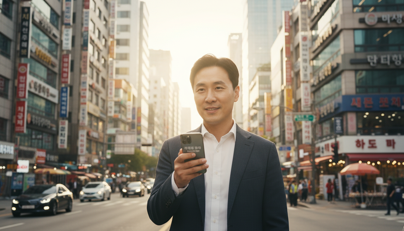 서울의 활기찬 거리에서 스마트폰으로 정부지원금 앱을 검색하는 30대 한국 남성, 배경에는 고층 빌딩과 한글 간판이 보인다, 밝고 희망찬 분위기, 고화질