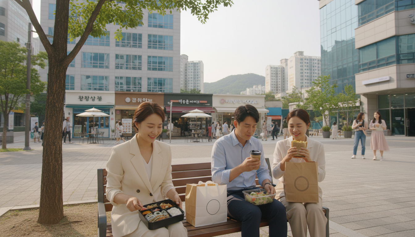 점심시간에 도시락을 먹거나 카페에서 가볍게 식사하는 30대 한국인 직장인들의 모습, 깔끔한 오피스 근처 풍경이나 테이크아웃 음식점들이 배경으로 보인다, 활기차고 평화로운 점심시간