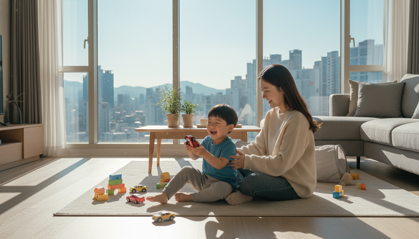 햇살 가득한 한국 아파트 거실에서 엄마가 아이와 함께 놀아주고 있다, 아이는 밝게 웃으며 장난감 자동차를 가지고 놀고 있고, 엄마는 그런 아이를 사랑스럽게 바라보고 있다, 따뜻하고 행복한 가족의 모습