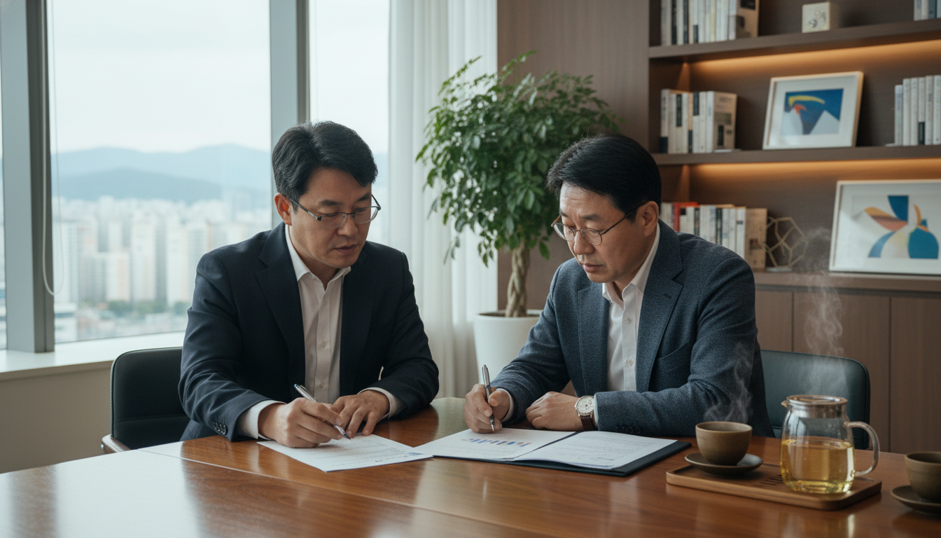 밝고 모던한 한국의 컨설팅 사무실에서 40대 한국인 전문가와 50대 한국인 자영업자가 마주 앉아 서류를 보며 진지하게 대화하는 모습, 옆에는 따뜻한 차가 놓여 있음