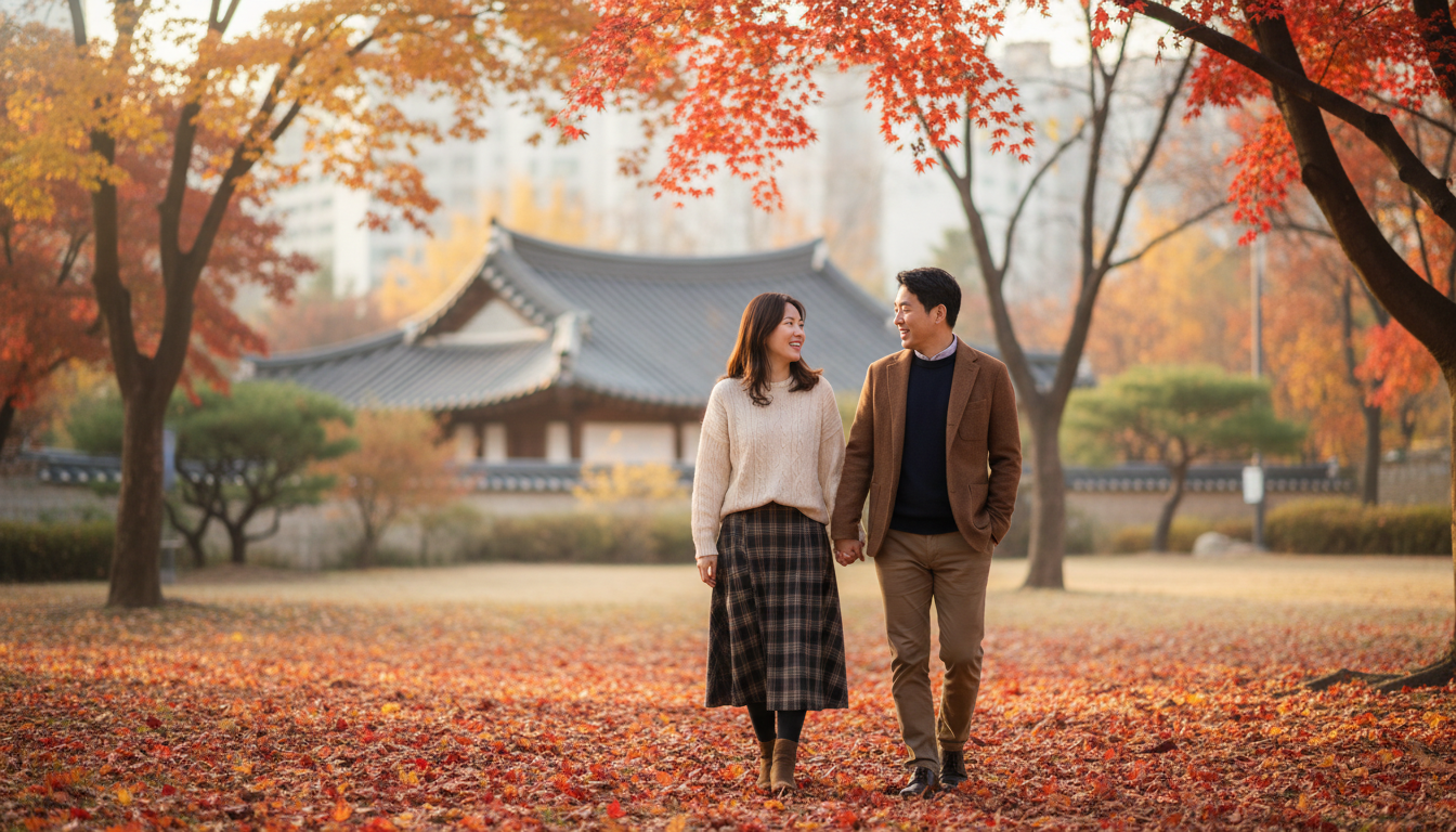 늦가을 단풍이 아름다운 한국의 공원에서 30대 초반의 한국인 부부가 행복하게 손을 잡고 산책하며 미래를 이야기하는 모습, 배경에는 전통 한옥 지붕이 살짝 보이는 평화로운 풍경
