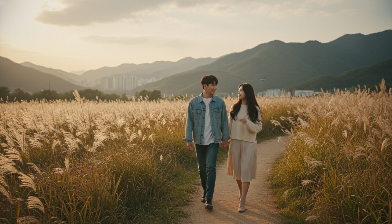 한국의 아름다운 자연을 배경으로 산책하며 미래 계획을 이야기하는 20대 한국인 남녀 커플, 희망찬 표정으로 서로를 바라보는 감성적인 순간