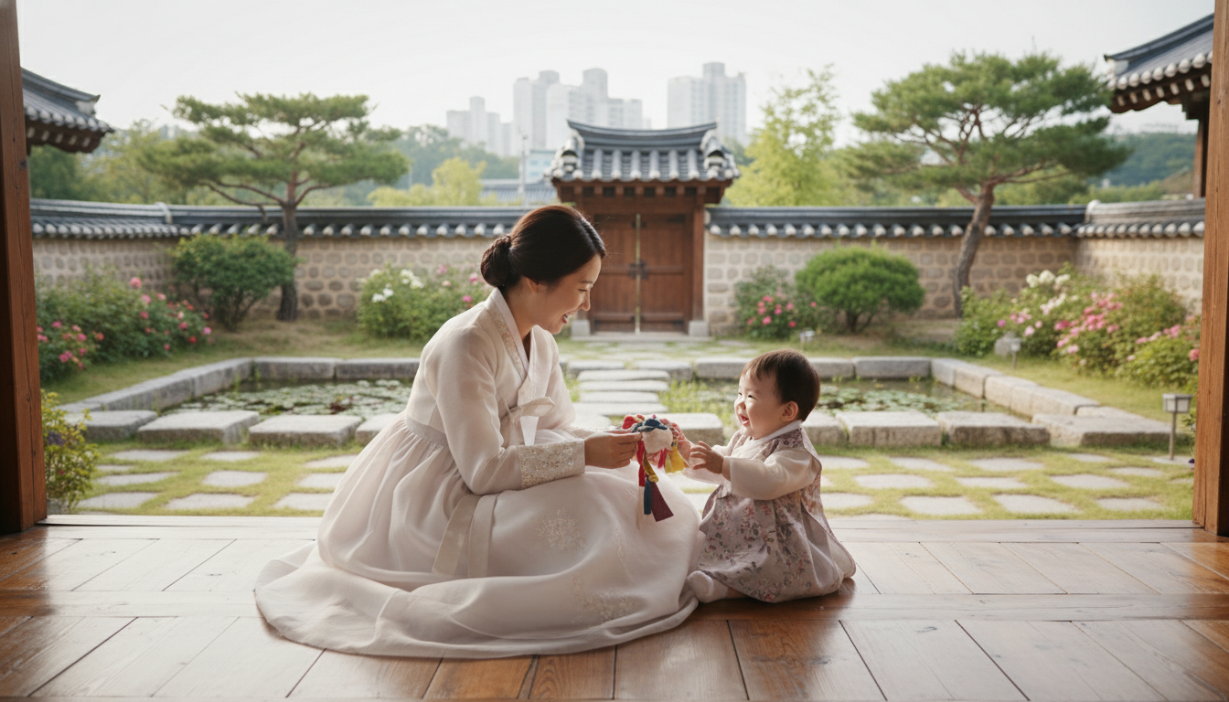 한복을 곱게 차려입은 한국인 엄마와 아기가 전통 한옥 마루에 앉아 함께 놀고 있는 모습, 뒤로는 정갈한 한옥 정원 풍경, 행복하고 전통적인 분위기