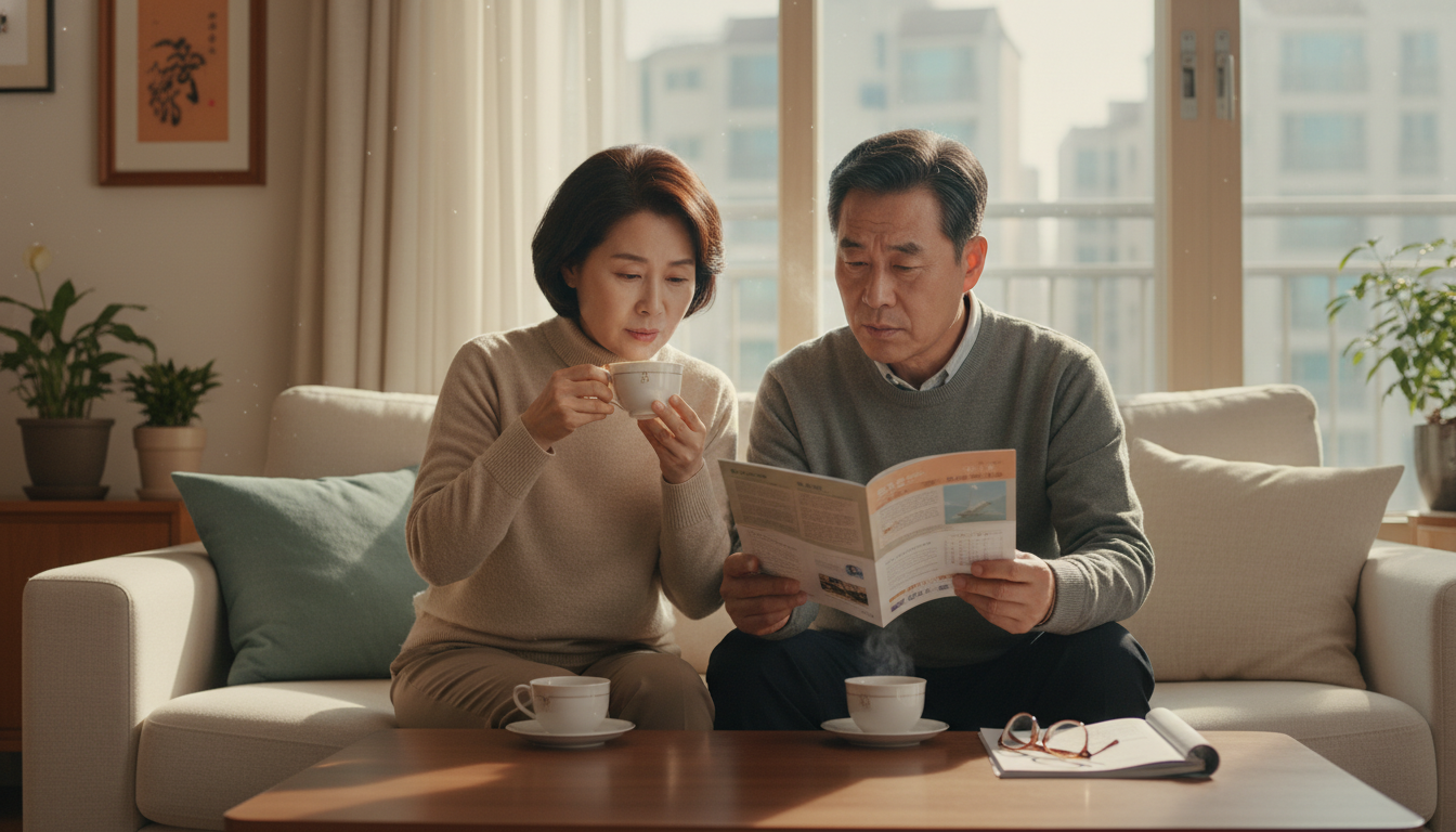 아늑한 한국 아파트 거실에서, 중년 한국인 부부가 따뜻한 차를 마시며 정부지원금 신청 안내 브로슈어를 꼼꼼히 읽고 있는 모습