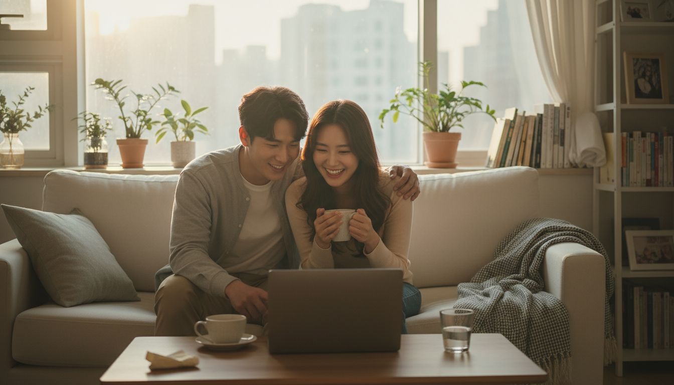 따뜻한 햇살이 드는 아늑한 한국 아파트 거실에서, 20대 한국인 남녀 커플이 노트북을 함께 보며 환하게 웃고 있다. 테이블 위에는 한글이 적힌 메모지와 커피 잔이 놓여 있다.