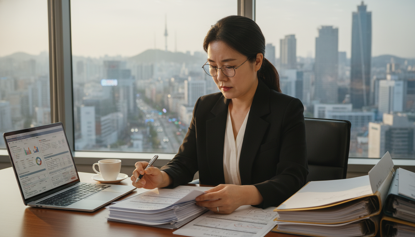 정리된 서류 더미와 노트북 앞에서 정부지원금 신청 서류를 꼼꼼히 검토하는 40대 한국 여성, 뒤편으로는 서울의 상업 지구가 보이는 창문, 집중하는 모습, 사실적
