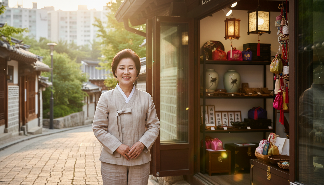 성공적으로 정부지원금을 받아 사업을 확장한 후 밝은 표정으로 자신의 한국적인 작은 공방 앞에서 서있는 50대 한국인 사장님, 공방 안에는 전통 공예품들이 진열되어 있고 햇살이 비치고 있음, 긍정적인 미래