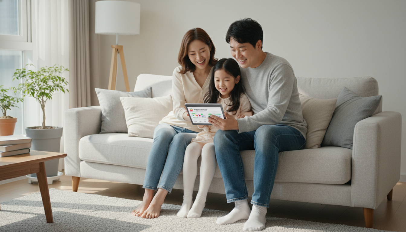 밝고 아늑한 한국 아파트의 거실에서 30대 부부와 7살 딸이 소파에 앉아 태블릿PC 화면을 보며 환하게 웃고 있다. 가족들은 나란히 앉아 지원금 신청 관련 온라인 정보를 확인하는 모습으로 행복한 분위기를 연출한다.