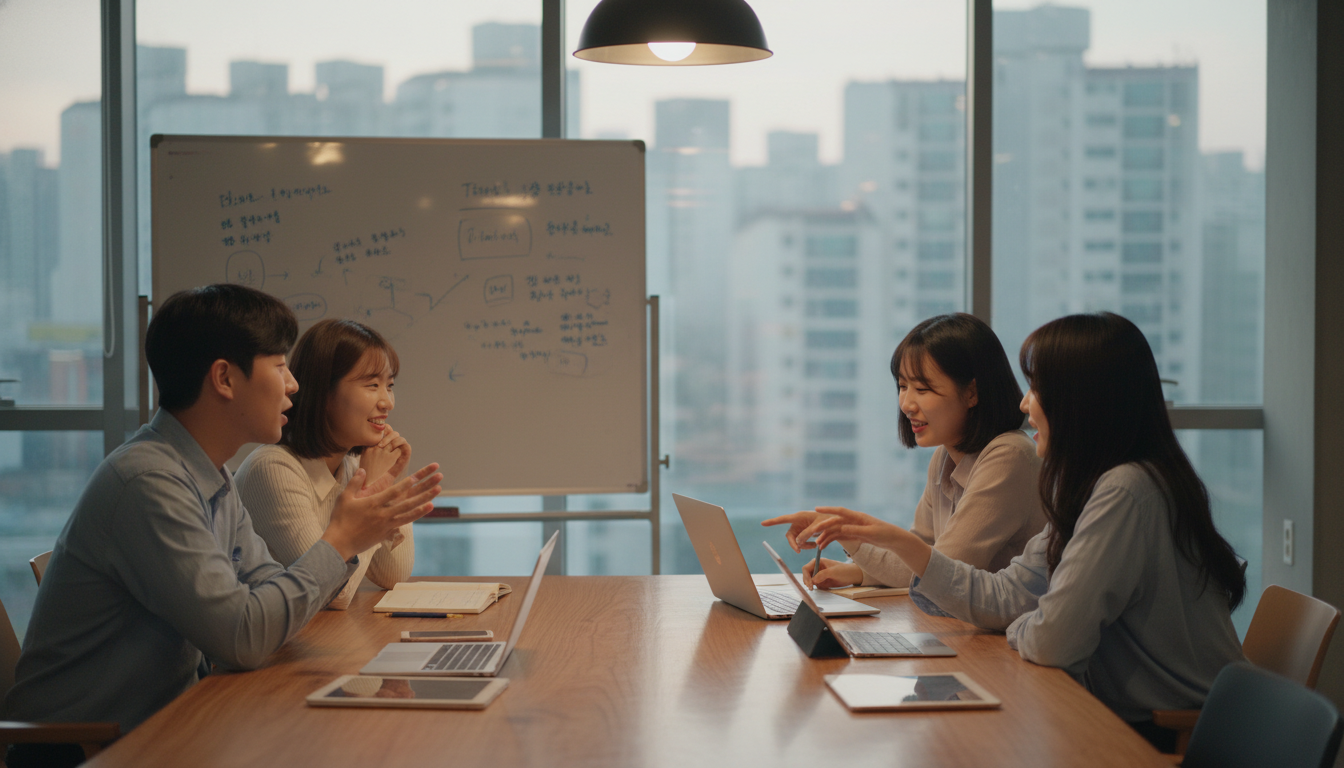 서울 강남의 현대적인 코워킹 스페이스에서 20대 한국 청년 4명(남성 2, 여성 2)이 자유롭게 모여 앉아 서로 아이디어를 주고받으며 열정적으로 토론하고 있다. 배경에는 한글이 적힌 화이트보드와 유리벽이 보인다.