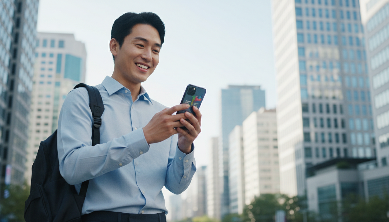 활기찬 서울 도심 빌딩 숲을 배경으로, 스마트폰으로 정부지원금 정보를 검색하는 30대 한국인 직장인 남성, 밝고 희망찬 표정, 고화질, 다큐멘터리 스타일