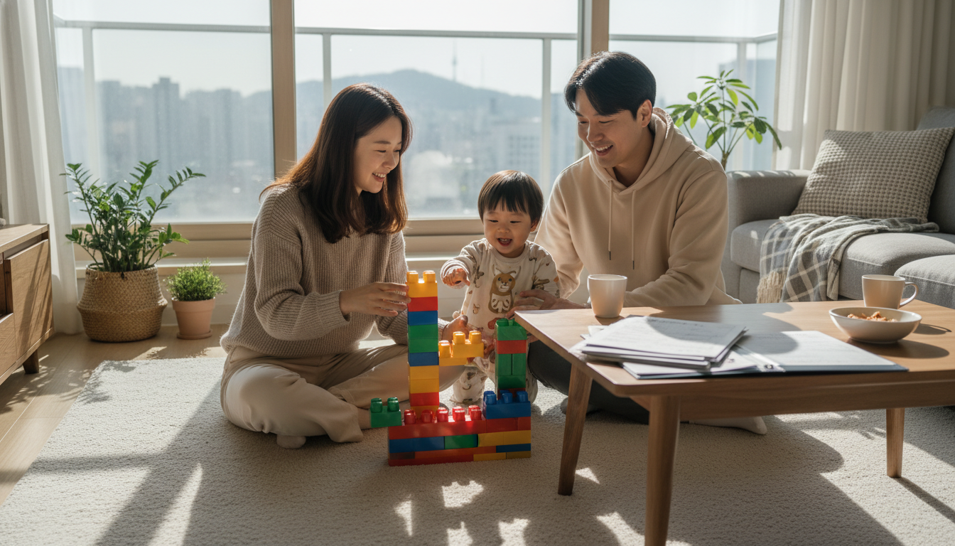 거실 바닥에 앉아 아이와 함께 블록 놀이를 하는 30대 한국인 부부, 옆에는 육아휴직 급여 관련 서류가 놓여있고, 따뜻하고 행복한 가족의 모습