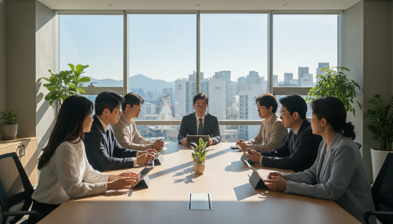 햇살이 가득한 현대적인 한국 사무실 회의실에서 다양한 연령대의 한국인 남녀 직장인들이 큰 테이블에 모여 앉아 태블릿 화면의 차트를 보며 활발하게 토론하는 모습. 미니멀리스트 한국 인테리어