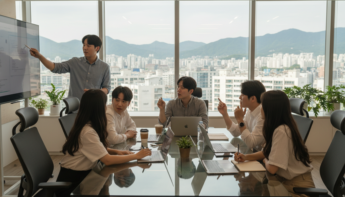 밝고 현대적인 한국 스타트업 사무실에서 여러 한국인 직원이 노트북과 화이트보드를 보며 열띤 토론을 하는 모습, 활기찬 업무 분위기